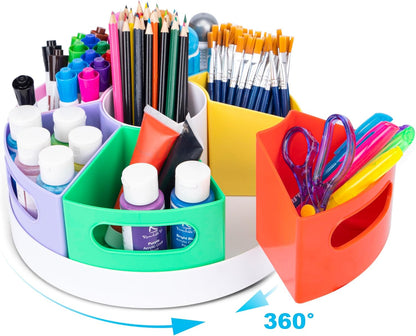 CraftGenes Art Supplies Organizer, Extra Large 360° Rotating Desk Organizer with 7 Removable Compartments, Marker Organizer for Home, Office, and Classroom, Crayon Holder