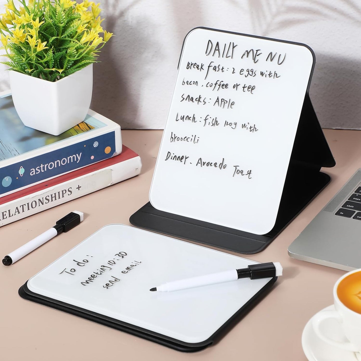 Dunzoom 2 Sets 4 Pcs Small Glass Desktop Whiteboard with Reversable Stand 8x6 Inch Mini Dry Erase White Board Easel with 2 Markers Reusable Desk Notepad for Home Office School Supplies (Pink,Green)