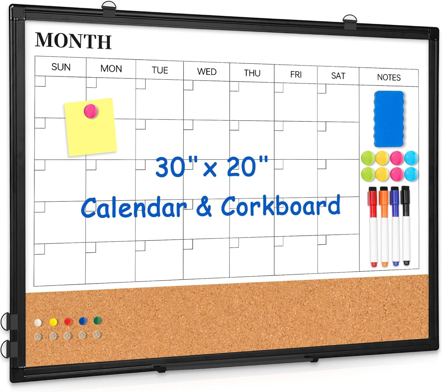 Weekly Dry Erase Calendar Whiteboard for Wall, 24" x 18" Double-Sided Weekly Planner White Board Cork Combo, Hanging & Wall Mount Week Bulletin Board with Notes for Home, Office, School, Kitchen