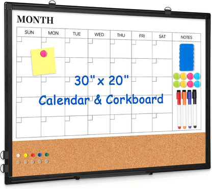 Weekly Dry Erase Calendar Whiteboard for Wall, 24" x 18" Double-Sided Weekly Planner White Board Cork Combo, Hanging & Wall Mount Week Bulletin Board with Notes for Home, Office, School, Kitchen
