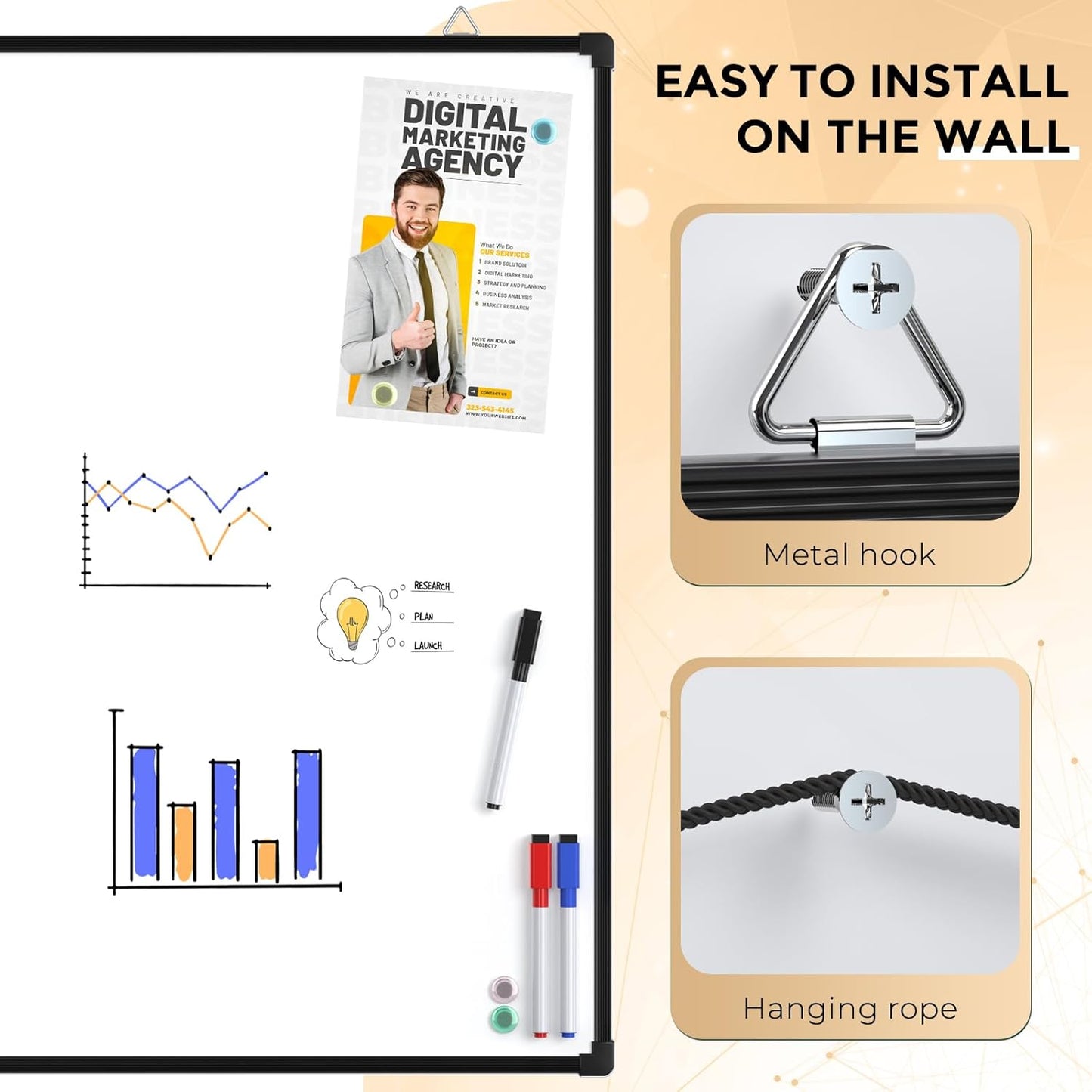 MaxGear Double-Sided Dry Erase Board for Wall, 16"x12" Hanging Whiteboard, Small Dry Erase White Board with 3 Markers and 4 Magnets, Portable Whiteboard for Planning, Drawing, Memo, to Do List