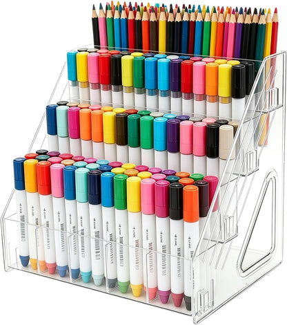 3-Tier Acrylic Desk Organizer, Multi-Slot Marker & Pen Storage Holder, Clear Vertical Desktop Stationery Rack for Small Art Supplies, Compact Office & Home Workspace Organizer