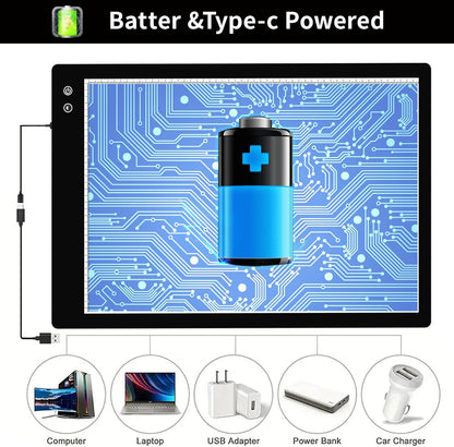 YINGWOND Rechargeable A4 LED Light Pad with Padded Case, Tracing Light Box w/Riser Stands and Paper Clip, 6 Levels of Brightness, Type-c Cable, Wireless Diamond Painting Light Board