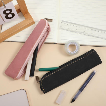 Psyqtsuary Leather Pencil Case, 2 Pcs Slim Small Pencil Pouch Portable Flat Pen Pouch with Zipper Simple Makeup Bag Lipstick Case for Women Men Home, Office, Travel Outdoor (Black, Claret)