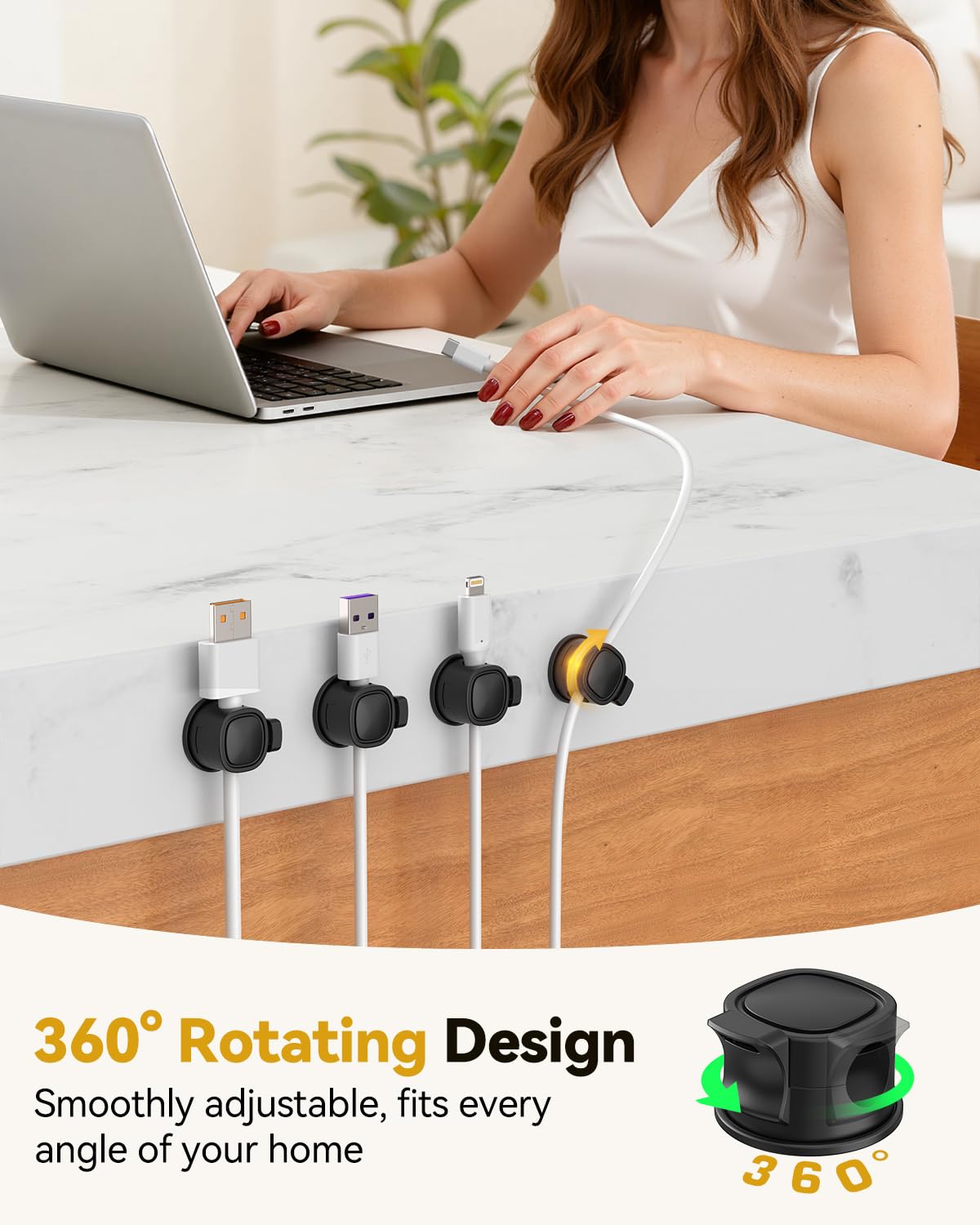 INCHOR Rotatable Cord Organizer 6Pack, Spring Cable Clips With Clasp Lock, No-Residue Adhesive Cable Organizer, Cord Holder for Nightstand Car Home Office (Black)