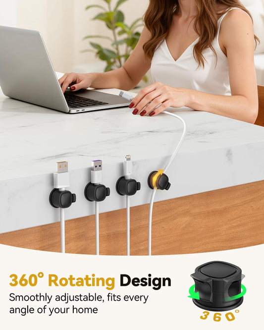INCHOR Rotatable Cord Organizer 6Pack, Spring Cable Clips With Clasp Lock, No-Residue Adhesive Cable Organizer, Cord Holder for Nightstand Car Home Office (Black)