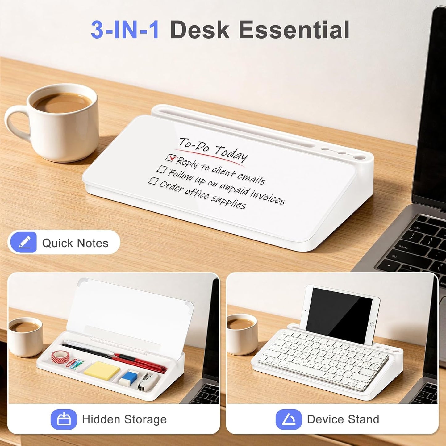 WALGLASS Small Desktop Whiteboard with Storage, Glass Desk Dry Erase White Board Computer Keyboard Stand with Drawer, Desk Organizers with Accessories for Office, Home, School Supplies White