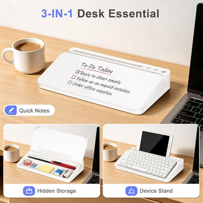 WALGLASS Small Desktop Whiteboard with Storage, Glass Desk Dry Erase White Board Computer Keyboard Stand with Drawer, Desk Organizers with Accessories for Office, Home, School Supplies White