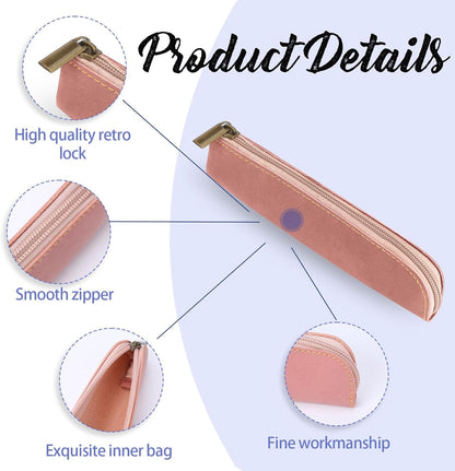 Psyqtsuary Leather Pencil Case, 2 Pcs Slim Small Pencil Pouch Portable Flat Pen Pouch with Zipper Simple Makeup Bag Lipstick Case for Women Men Home, Office, Travel Outdoor (Black, Claret)