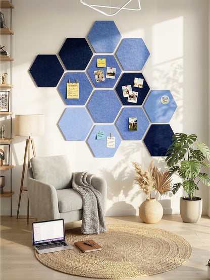 8 Pack Hexagon Felt Bulletin Board Tiles - 12" Large Thick Pin Board for Walls with 30 Push Pins, DIY Boards for Office Home School Decor, Aesthetic Hex Cork Board Alternative