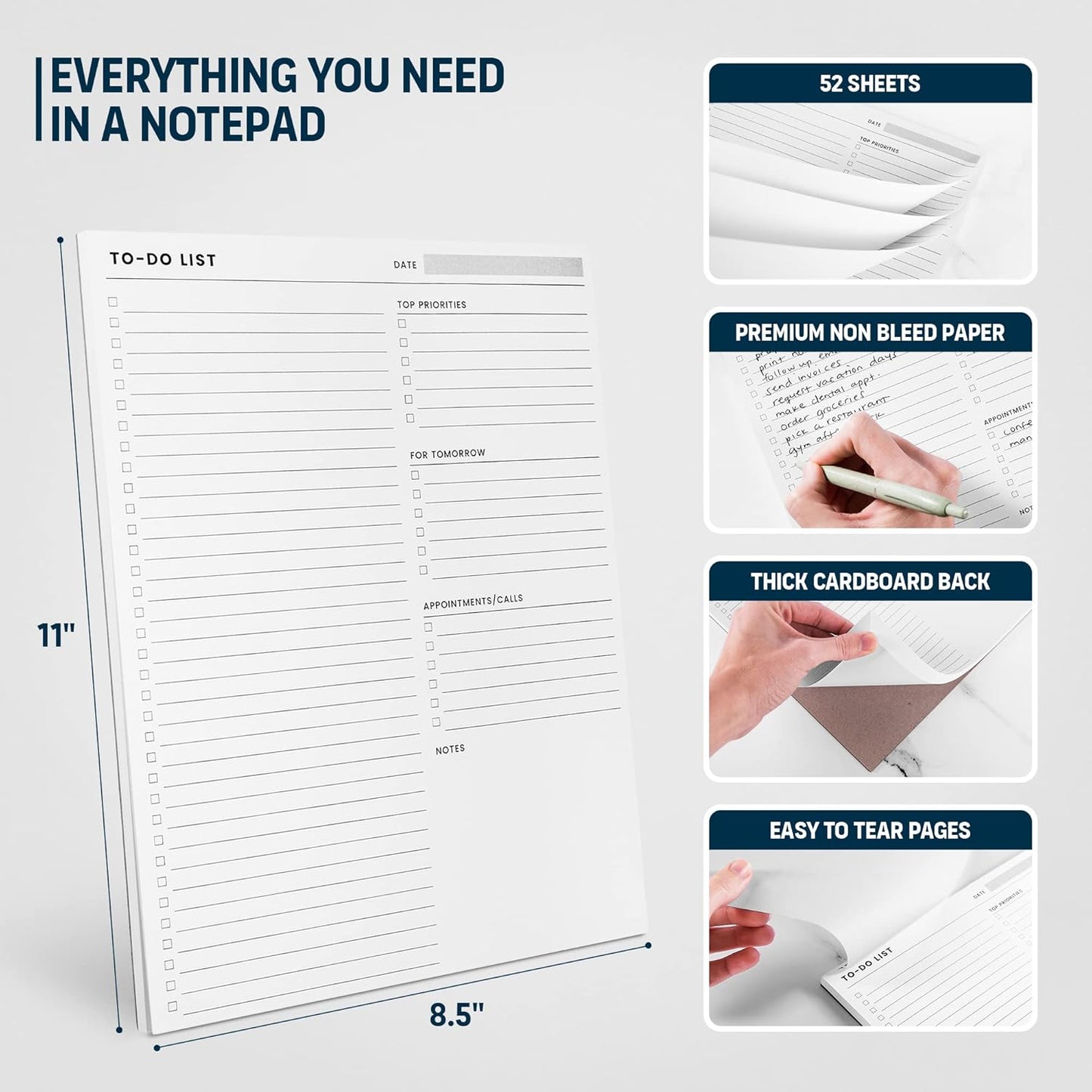 To Do List Notepad: With Multiple Functional Sections - Large Size 8.5x11" 52 Sheets - Tear Off Daily Planner Notebook - Task CheckList Organizer Agenda Pad for Work - Note, Plans, Goals, Grocery, and