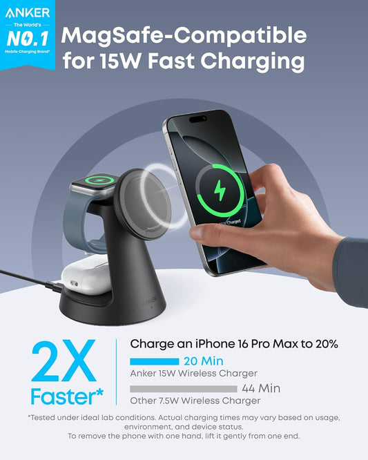 Anker MagSafe Charger Compatible, MagGo 3-in-1 Charging Station, Nano Charging Stand, Qi2 Certified 15W Magnetic Wireless Charger Dock, for iPhone17/16/15/14, Apple Watch,AirPods (Adapter Included)