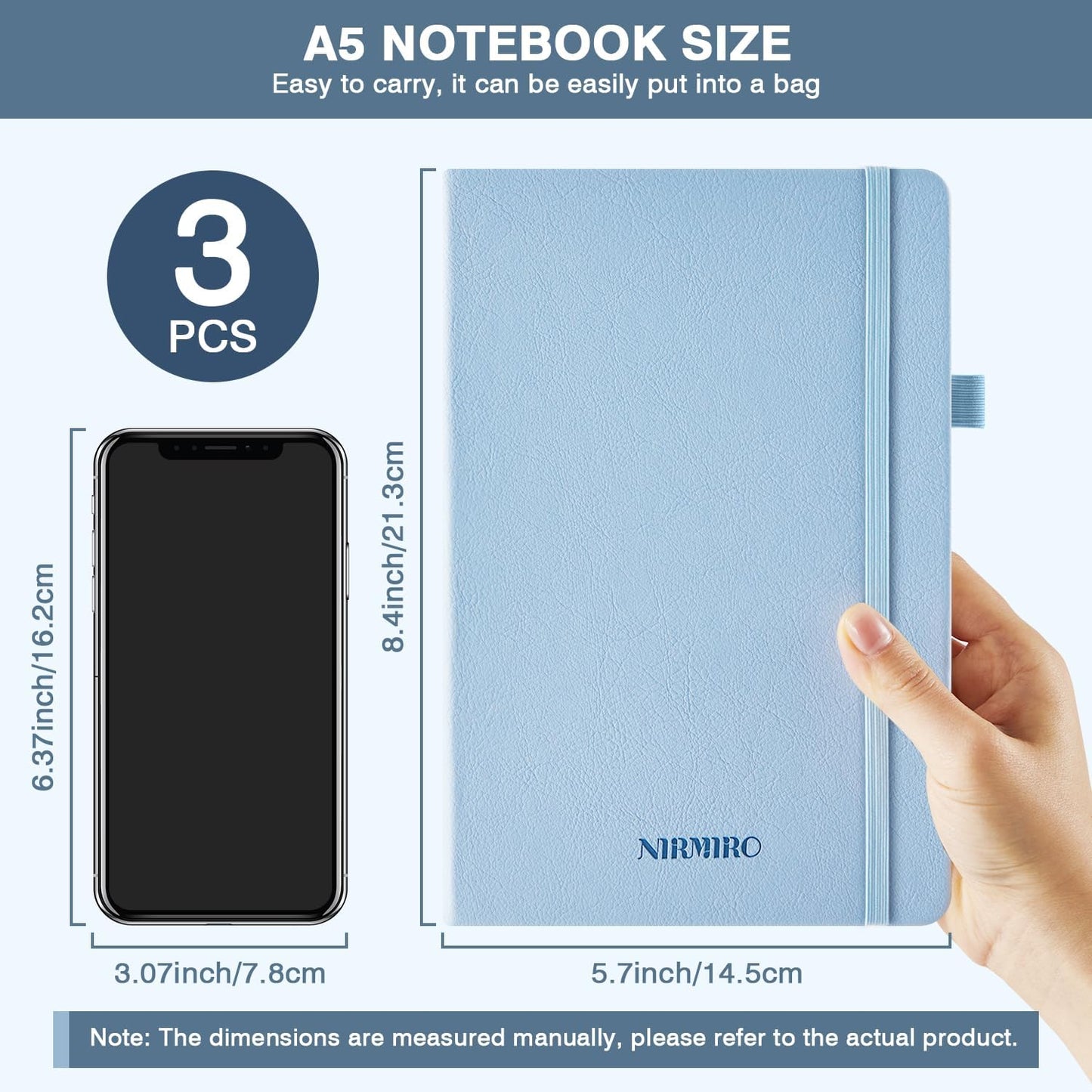 NIRMIRO 3 Pack Pocket Notebook Journals, Small Notepad Notebooks for Note Taking, A6 Mini Note pads with Pen Holder, 408 Lined Pages, 3.7" x 5.7", Black, Brown, Blue