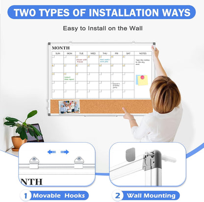 Weekly Dry Erase Calendar Whiteboard for Wall, 24" x 18" Double-Sided Weekly Planner White Board Cork Combo, Hanging & Wall Mount Week Bulletin Board with Notes for Home, Office, School, Kitchen