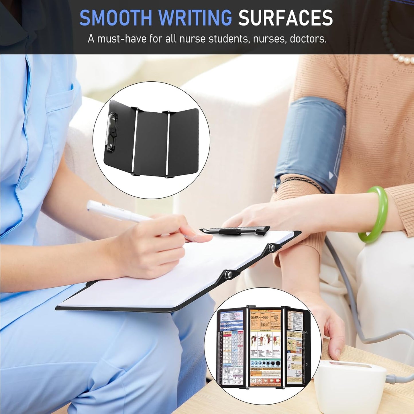 Nursing Clipboard Foldable, Foldable Clipboard w/Nursing Edition Cheat Charts,3 Layers Aluminum, Nurse Clip Board w/Low Profile Clip&Pen Clip Pocket for Nurses and Doctors,Light Blue