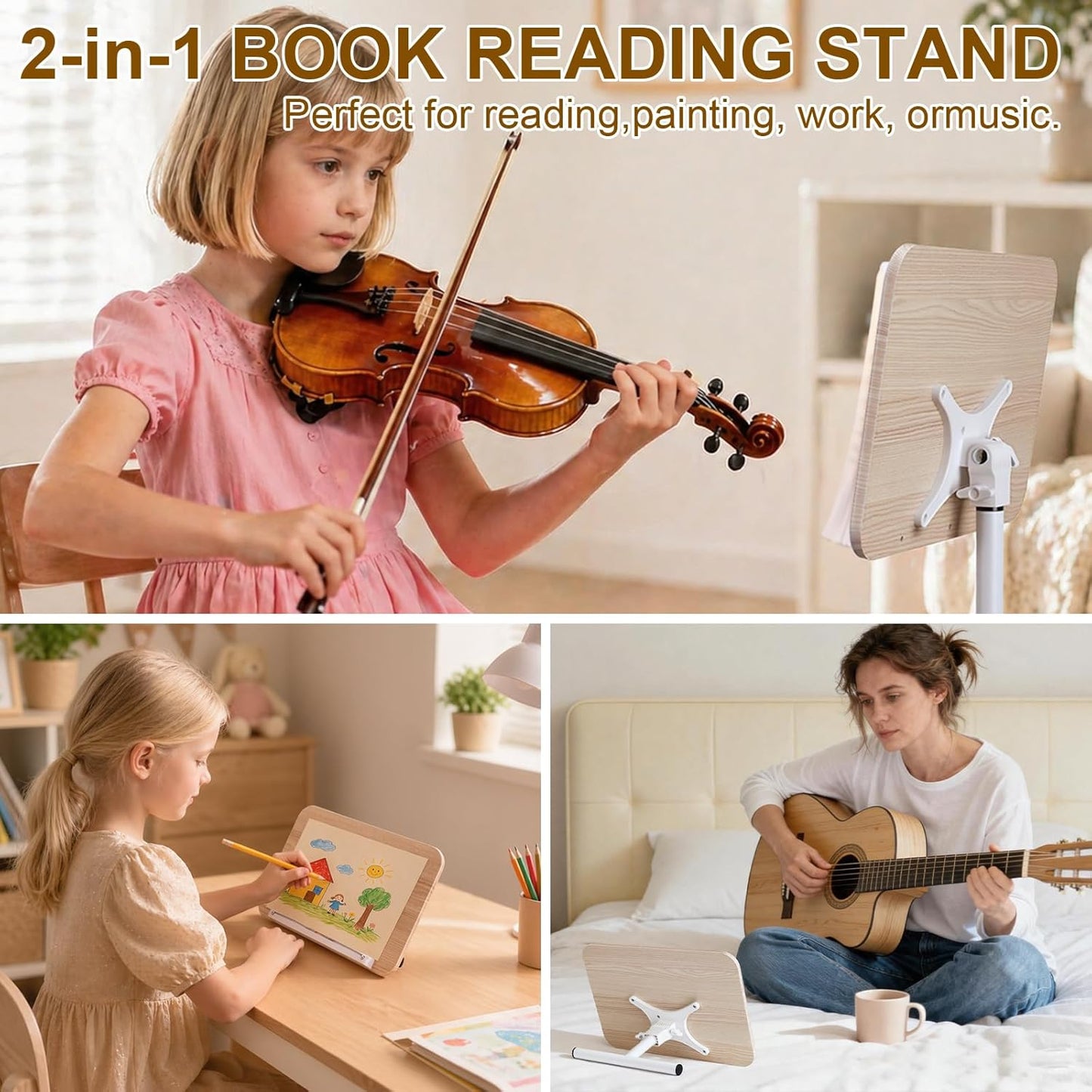 2 in 1 Dual-use Music Stand & Desktop Book Stand, Adjustable Height 16.5"-51", 100% Solid Wood Laptop Floor Stand Book Holder with Page Clips for Cookbooks, Sheet Music (Brown)