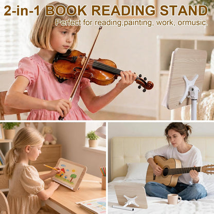 2 in 1 Dual-use Music Stand & Desktop Book Stand, Adjustable Height 16.5"-51", 100% Solid Wood Laptop Floor Stand Book Holder with Page Clips for Cookbooks, Sheet Music (Brown)