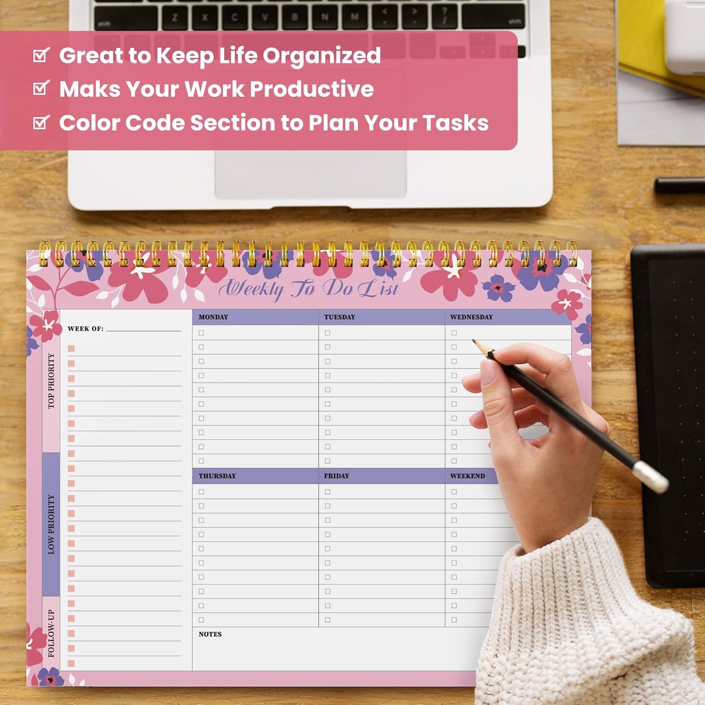 Weekly To Do List Notepad with 52 Undated Sheets（8.5"×11"）- Undated Weekly Planner Notepad for Office Desk Accessories and Supplies - Midnight Lilac