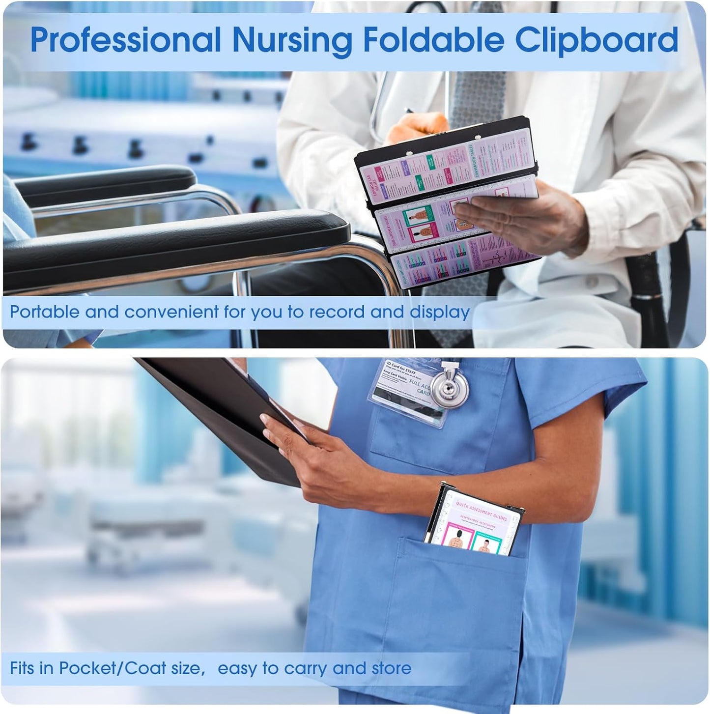 Nursing Clipboard Foldable, Thicken Aluminum Trifold Nursing Clipboard, Nursing Pocket Size Nurse Clipboards with Pen Holder, Nursing Edition Cheat Sheet for Students, Nurses and Doctors, Mint