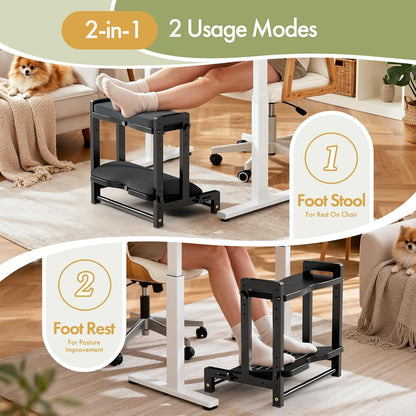 Double Step Foot Rest Under Desk, Adjustable Wooden Desk Foot Rest with 4 Heights, Ergonomic Foot Stool with Cushion for Office, Gaming & Study (Natural Color)