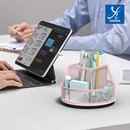 YINGHUA Metal Mesh Desk Organizer with 5 Compartments and Rotating Pencil Holder Pen and Stationery Organizer for Office Home School Anti Slip Base Black