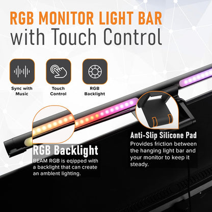 Beam RGB Monitor Light Bar | LED Monitor Lamp for Computer & Desk | Adjustable Backlight & Front White Light | Eye Caring Screen | Touch Control, USB Powered | Space Saving Clamp | Matte Black