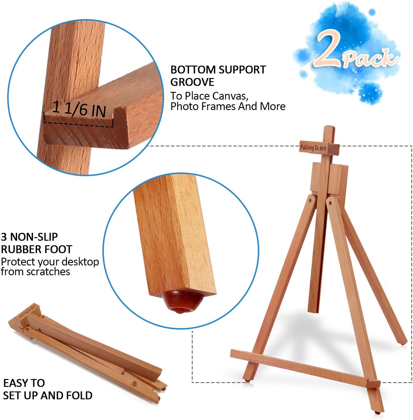 Falling in Art Beechwood 25" Tabletop Easel Display Stand for Painting - Holding Canvas Up to 22 1/2 Inches High, A-Frame Artist Tripod with Rubber Feet, Portable Photo and Sign Holder