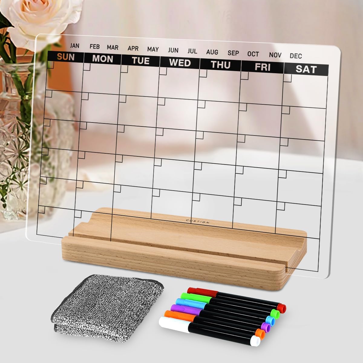 Acrylic Dry Erase Monthly Calendar Board for Desk, 9x13 Transparent Acrylic Whiteboard with Date Grid, Wood Stand, 6 Wet Erase Markers, for Home, Office, School (White Text)