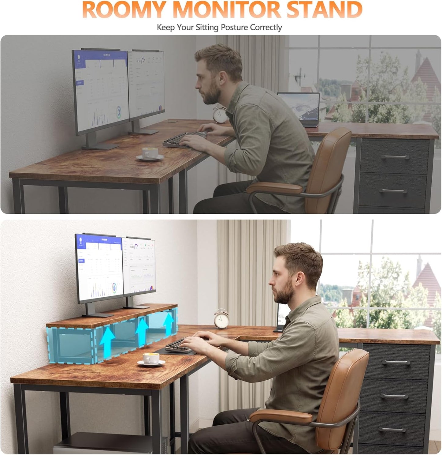 Korfile 59 inch L Shaped Computer Desk with Power Outlets, Home Office Desk with 4 Adjustable Storage Drawers & 2 Monitor Stands, Two Person Gaming Table for Bedroom, Black