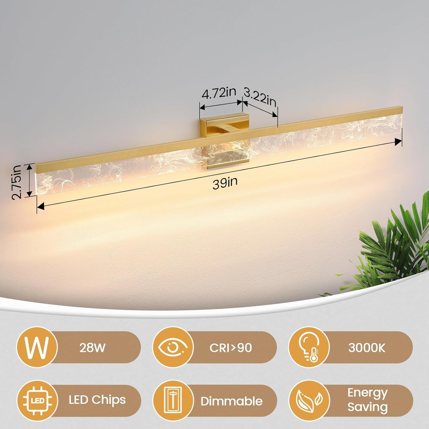 AIJIASI 39-Inch Brushed Gold Vanity Light Fixture, 28W Dimmable LED Modern Light Bar for Bathroom Mirror, Restroom, Bedroom (3000K)