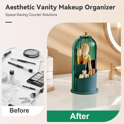 Hvygss 360° Rotating Makeup Brush Holder with Lid, Waterproof Three-Compartment Makeup Organizer, 180° Side-Pull Door Desk Organizer, Dustproof Brush Holder for Vanity and Bathroom (Transparent)