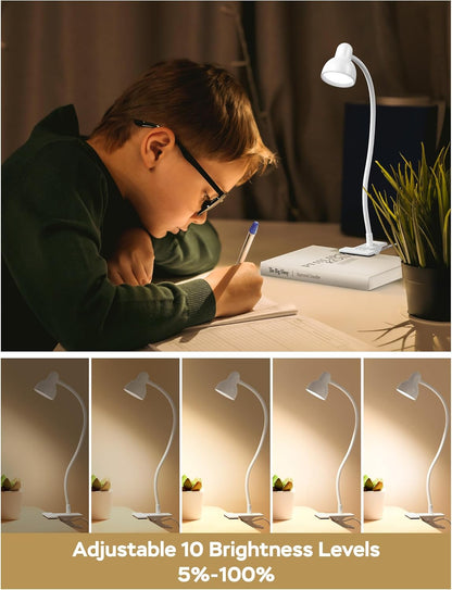 LiFMIRA Clip-on Reading Light - 3 Color Modes, 10 Dimmable Brightness, Eye Care Clamp Desk Lamp with Flexible Gooseneck for Reading in Bed, Desk, Headboard, Computer
