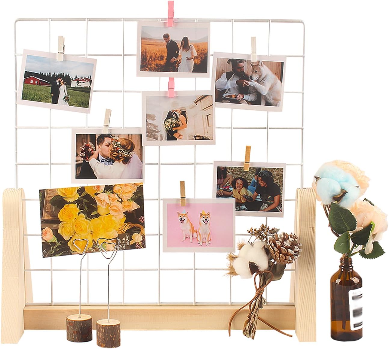 15.7”X15.7” Grid Wall Countertop Display Stand Metal Grid Wall Stand with Mini T-Base Portable Tabletop Display Unit with 20 Small Clips for Shows Retail Crafts Artistic Drawings Photos