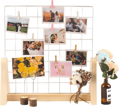 15.7”X15.7” Grid Wall Countertop Display Stand Metal Grid Wall Stand with Mini T-Base Portable Tabletop Display Unit with 20 Small Clips for Shows Retail Crafts Artistic Drawings Photos