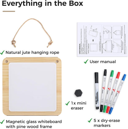 Magnetic Glass Desktop Whiteboard with Solid Wood Stand, Adjustable Foldable Mini Dry Erase Board, 2-in-1 Tabletop & Hanging Glassboard with Rustic Rope, Reusable Home Office School, Black and Square