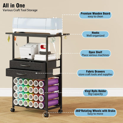 VENNQD Organizer and Storage Stand Compatible with Cricut Machines,Rolling Storage Cart/Shelf with 24 Vinyl Roll Holders，2 Fabric Drawer,Accessories Holder,Tool Hook for Craft Room Home (white)