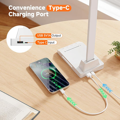 ShineTech LED Desk Lamp with USB-C Charging Port, Dimmable Desk Lamp for Home Office, Eye-Caring Reading Lamp with 25 Lighting Modes, Small Desk Light for Bedroom Nightstand with Adapter