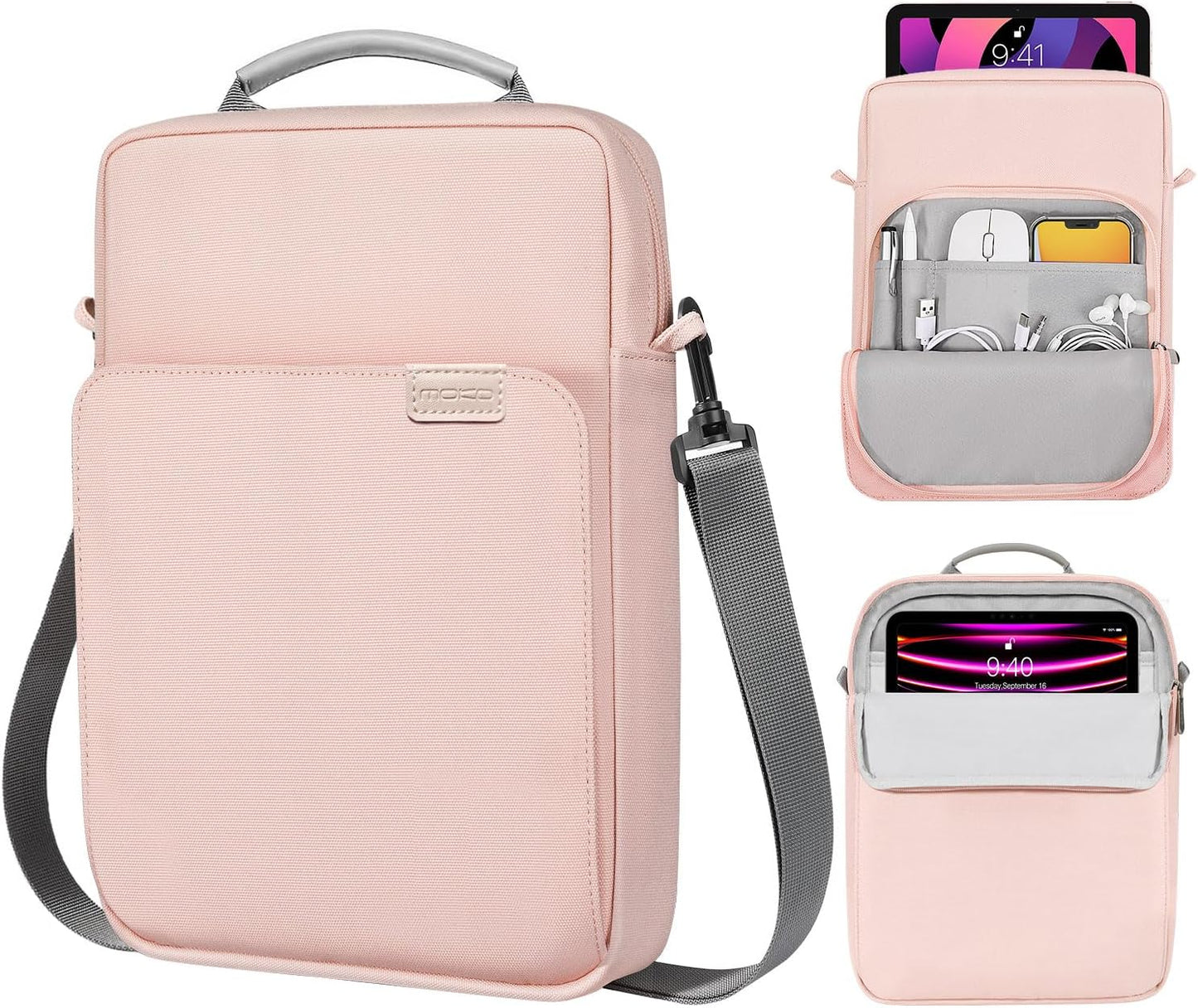 MoKo 13 Inch Tablet Sleeve Bag, Fits with 13 Inch New iPad Pro M5 & Air M4/M3, iPad Pro 12.9 M2&M1,Surface Laptop Go 12.4,Galaxy Tab S8+/S9+ 12.4,Handle Carrying Case with Shoulder Strap,Black &Gray