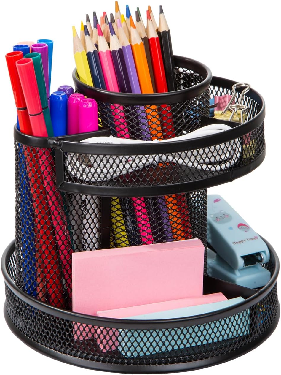Comix 360° Rotating Pen Holder for Desk, 5 Compartments Office Desk Organizer, Black Mesh Metal Pencil Holder Cup for Office Home School