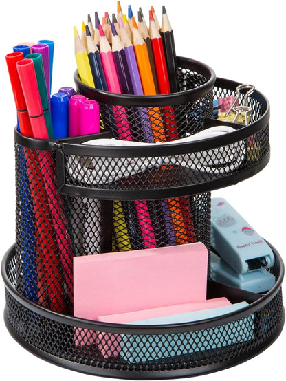 Comix 360° Rotating Pen Holder for Desk, 5 Compartments Office Desk Organizer, Black Mesh Metal Pencil Holder Cup for Office Home School
