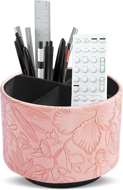 Round Leather Art Supply Organizer,Remote Control Holder,360 Degree Rotating,Multi-Functional Pencil Holder,4 Compartments Desktop Stationary Organizer(1-Fractal Flower) | Round - Colors A