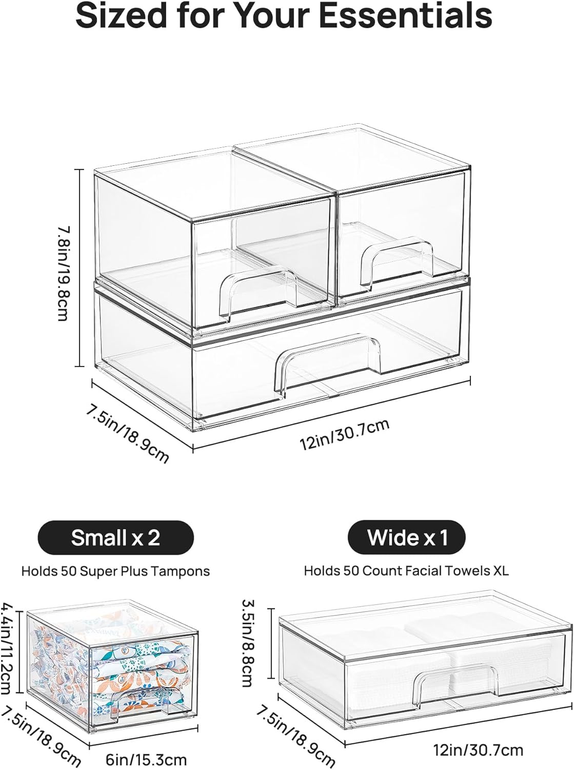 Vtopmart Stackable Storage Drawers Set of 3,Clear Plastic Organizer Bins for Makeup, Cosmetics, Beauty Supplies,Ideal for Vanity, Bathroom,Cabinet,Pantry Organization