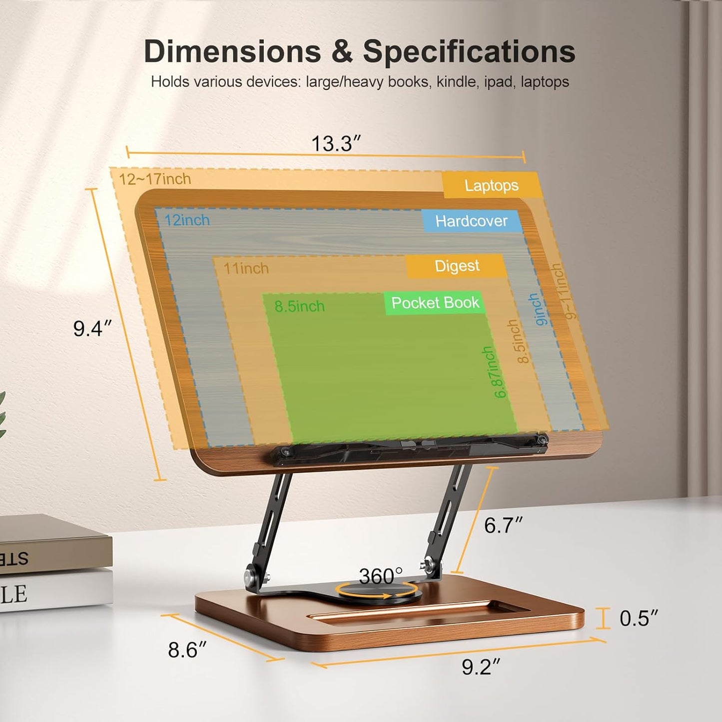 OPTIXCELL Book Stand for Reading with Light, Book Holders for Reading Hands Free, Adjustable Height & Angle, Fits Cookbook Recipe, Textbook, Foldable for Kitchen, Office, School,Gift for Book Lovers