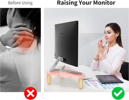 AFOOYO Monitor Stand Riser,Cloud-Shaped Sturdy Wood 16.5In Computer Monitor Riser Wirh Drawer, Multi-Purpose Desktop Organizer Riser for Computer,Laptop,Printer,TV,White