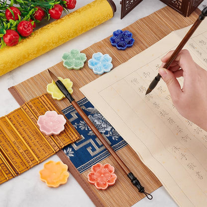 BENECREAT 7Pcs 7 Colors Cherry Blossom Porcelain Brush Holder Rest, Japanese Style Ceramic Paint Brush Pen Holders for Oriental Art Supply Painting Brushes, 1.8inch