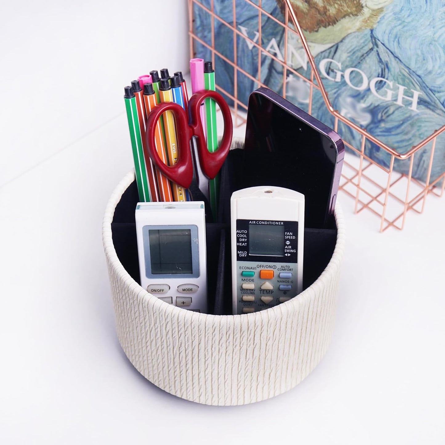 Round Leather Art Supply Organizer,Remote Control Holder,360 Degree Rotating,Multi-Functional Pencil Holder,4 Compartments Desktop Stationary Organizer(1-Fractal Flower) | Round - Colors C