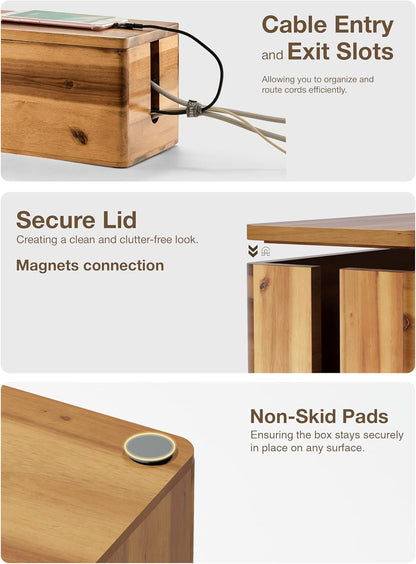TIDITA Acacia Wood Cable Management Box Round Edge - 16" L Wooden Cable Organizer Box for Electrical Hiding Cord Management - Power Strip Hider Cable Storage Box for Office, Router Wires, Under Desk