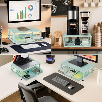 Wood Metal Monitor Stand Riser, Laptop Stand for Desk, Office Desk Organizer and Accessories, Computer Desktop Shelf with Drawer and Pen Holder, Printer Stand for Home, Office, Dorm (Natural Wood)