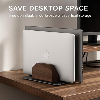 Vertical Laptop Stand for Desk, Dual Slot Wood Laptop Holder to Dock MacBook, MacBook Pro and & Gaming Laptops, Solid Black Walnut, Geometric Sculpted Craftsmanship