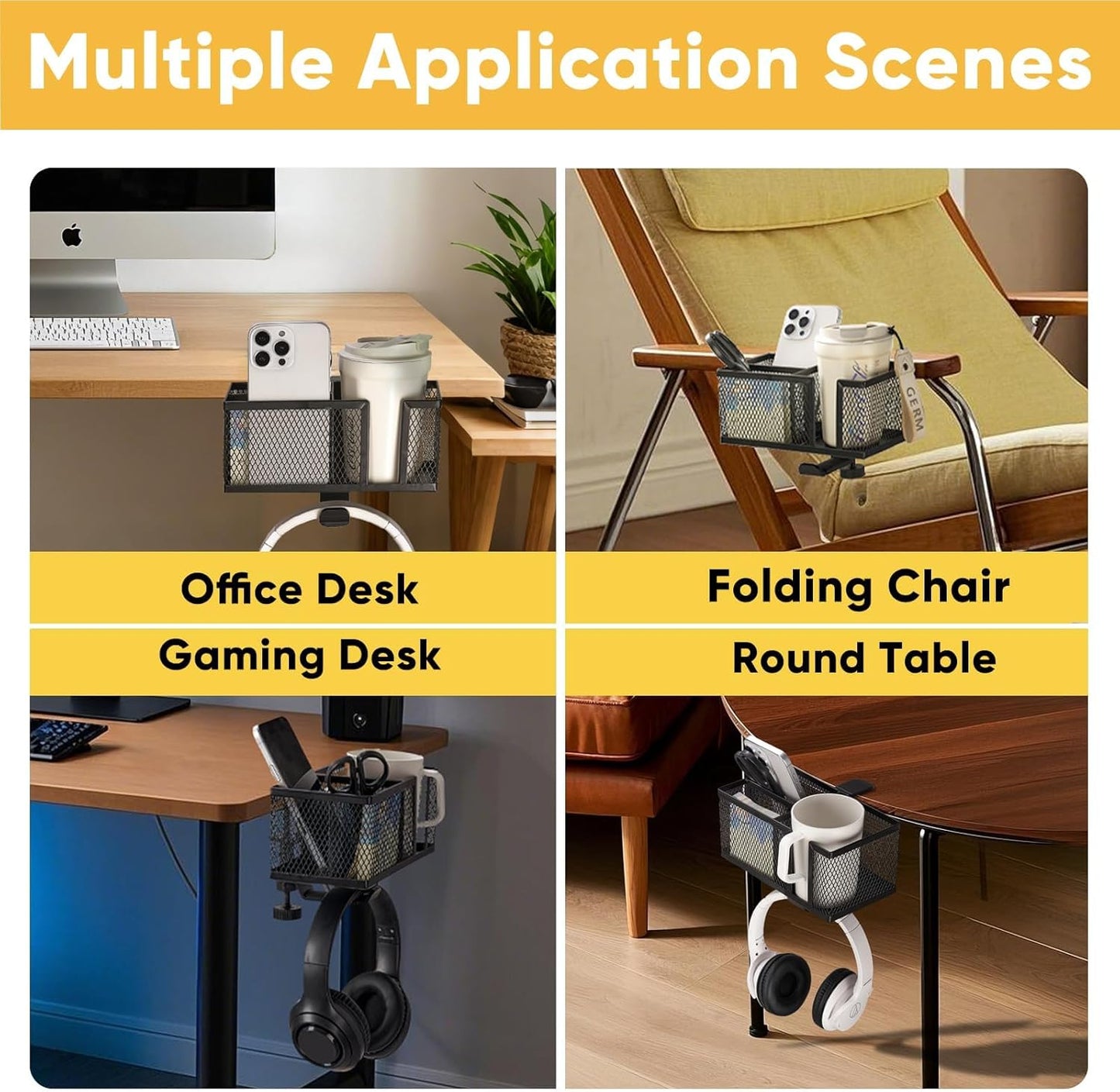 4 in 1 Metal Clip On Cup Holder Attachment for Gaming Desk or Table, Fits up to 40oz Cups, Sturdy and Easy to Clamp, Attachable Anti-Spill Cup Holder for Chair, Bedside, Bottles, Drinks - Black